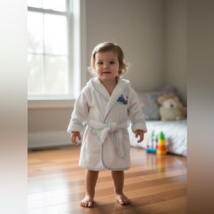 Cozy White and Blue Baby Bathrobe with Booties (0-12 Months) - New without Tags